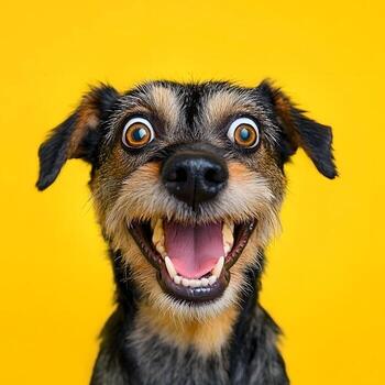 Lustiger Hund mit aufgerissenen Augen vor gelbem Hintergrund